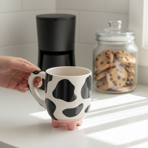 Custom Novelty White and Black Cow Cute Mug Hand Painted Design Cow Print Ceramic Mug with <strong>Udders</strong> Non-Skid <strong>Silicone</strong> Feet - Product Image 4