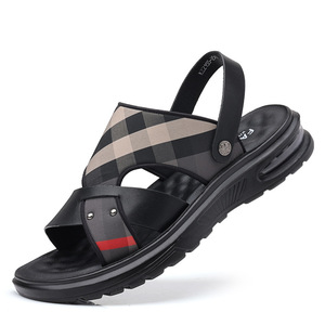 New <b>Summer</b> Men Genuine Leather Sandals Plaid Design Air Cushion Thick Sole Non Slip Wear Resistant Outdoor Beach Casual Shoes - Product Image 6