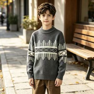 <span class=keywords><strong>Pull</strong></span> en laine personnalisé avec logo, motif jacquard géométrique, col roulé mi-haut, manches longues, tricoté, chaud pour l'hiver, usage quotidien, 6-14 ans - Product Image 2