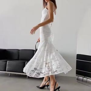 Robe d'été décontractée blanche pour femme, sans manches, à bretelles en dentelle, en coton, idéale pour les vacances – Vente chaude OEM - Product Image 3