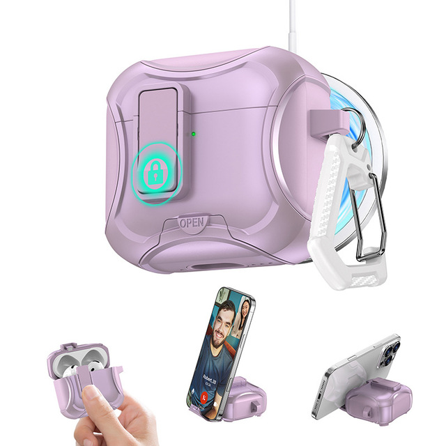 Secure Switch Lock Earphone Case with Desktop Phone Holder for AirPods4 Anti-drop Headphone Case with Hook for Airpods Pro 2