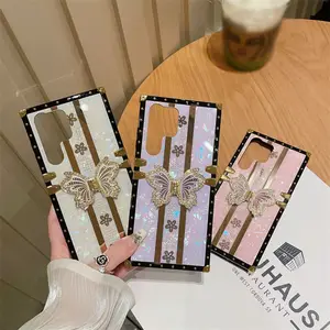 Luxury Trendy Square Phone Cases For Samsung Galaxy S24 Ultra S23 S22 S21 A13 A14 Bling Holder Kickstand Cover New Phone Case