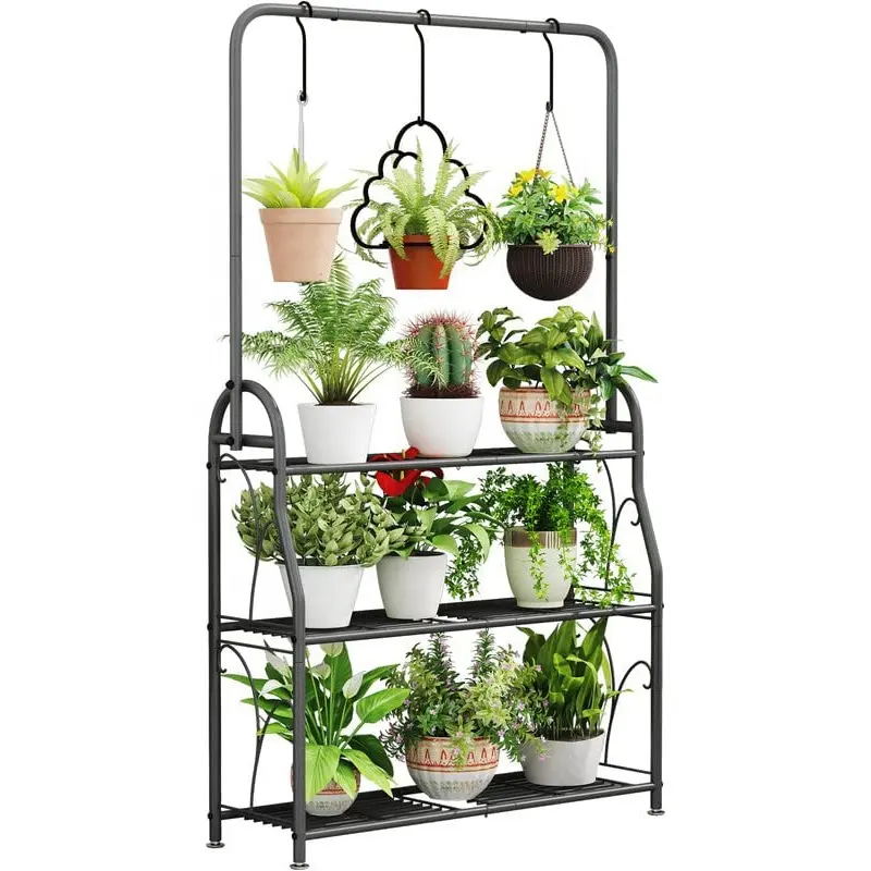 Donkergrijze Metalen Plant Stand 3 Verdiepingen Indoor Outdoor Hoge Hoek Opknoping Ladder Kamer Balkon Tuin Terras Verscheidenheid Van Planten