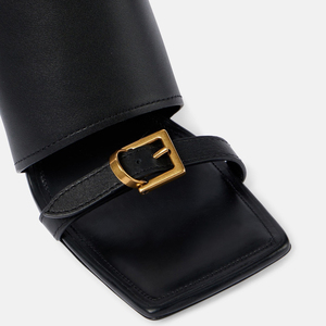 Sandalias de tacón alto y grueso con hebilla metálica y punta cuadrada abierta para mujer, estilo mule. - Product Image 5