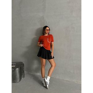 T-shirt en tricot terracotta Topshow pour femme - Haut à manches courtes en mélange de coton en gros - Product Image 3