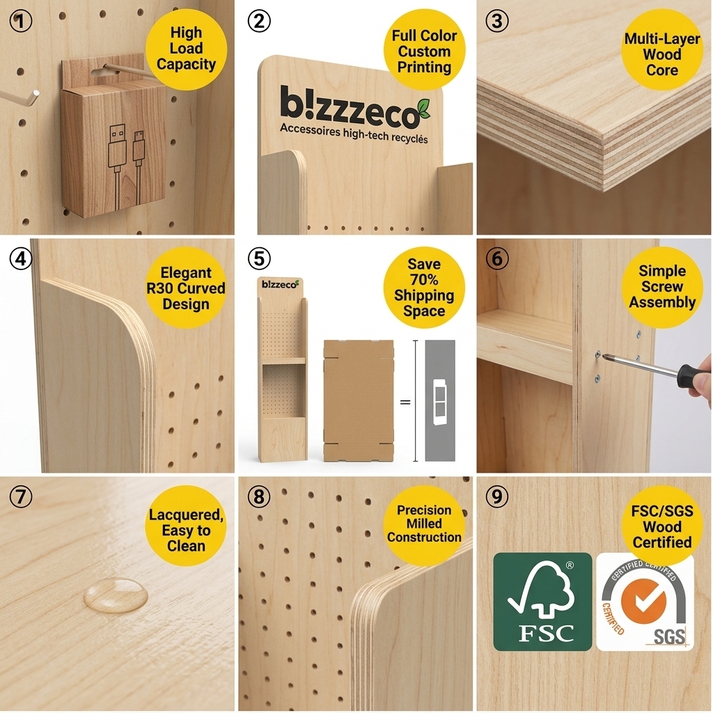Custom Wooden Pegboard Display Stand Floor Hook Rack for Mobile Phone Accessories Cables Chargers Retail Store POS Display OEM — view 5