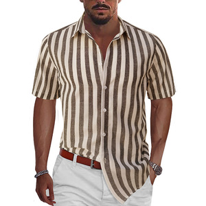 Camicia a righe moda vacanza abbottonata camicie di <span class=keywords><strong>lino</strong></span> 2023 estate <span class=keywords><strong>uomo</strong></span> <span class=keywords><strong>uomo</strong></span> vestiti all'ingrosso manica corta imballaggio personalizzato in rilievo - Product Image 1