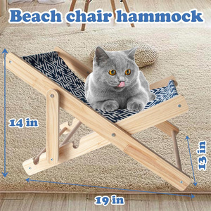 <b>Adjustable</b> Cat Lounger Solid Wood Rectangle Pet <b>Bed</b> With Blue Patterned Cushion For Indoor Cats - Product Image 2