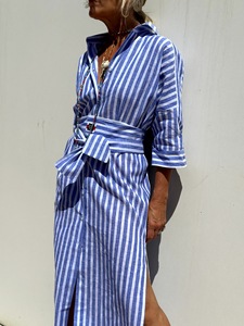 Abito Lungo da Donna Primavera 2026 Nuovo Stile Europeo e Americano con Mezza Manica a Righe e <span class=keywords><strong>Colletto</strong></span> a Risvolto - Product Image 4