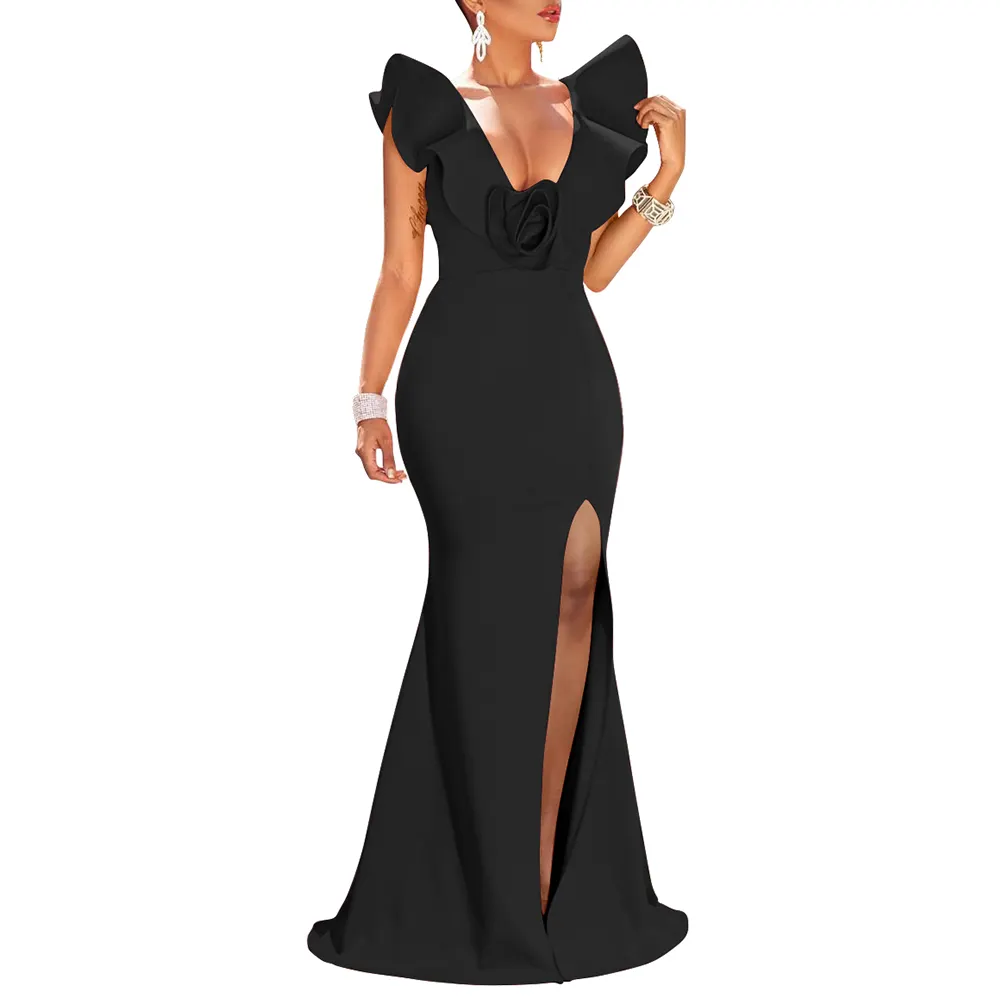 Custom Women's Sexy Ruffle Sleeve V Neck High Split Evening Gown Long Formal Dress