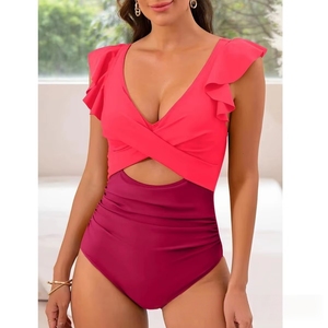 <span class=keywords><strong>Maillot</strong></span> <span class=keywords><strong>de</strong></span> <span class=keywords><strong>bain</strong></span> une pièce sexy pour femme, style européen et américain, dos croisé, taille haute, à volants, couleur unie - Product Image 3
