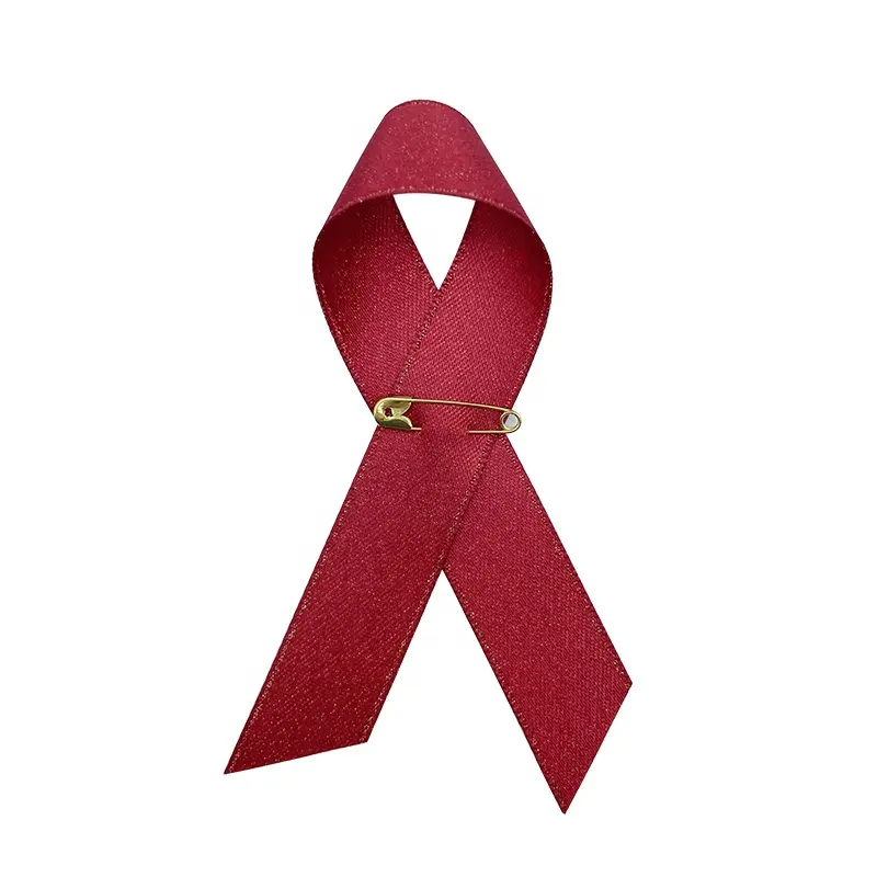 E-ma Thuật bán buôn Red Ribbon ve áo pins HIV AIDS ung thư nhận thức Vàng purl satin vải Ribbon với an toàn pins cho phụ nữ cô gái
