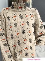 Suéter de Cuello Alto con Estampado de Muñeco de Nieve Navideño para Mujer, Tejido por Computadora, Transferencia Térmica, Personalizado para Uso Diario Informal y Festivo