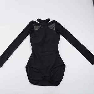 Body de malla negra de manga larga para mujer con diseño de espalda cruzada y sujetador incorporado para baile y uso diario, Novedad 2026 - Product Image 6