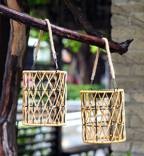 Custom Outdoor Waterproof Solar Lantern Light Handmade Designer Bamboo Rattan for Camping Battery Powered