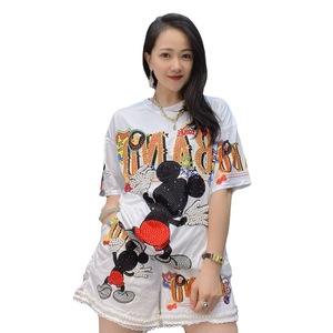 Nuovo Stile Completo <span class=keywords><strong>Due</strong></span> <span class=keywords><strong>Pezzi</strong></span> da <span class=keywords><strong>Donna</strong></span> Taglie Forti con Strass, T-shirt a Maniche Corte e Pantaloncini Casual, Modello B0144 per Esportazione - Product Image 5