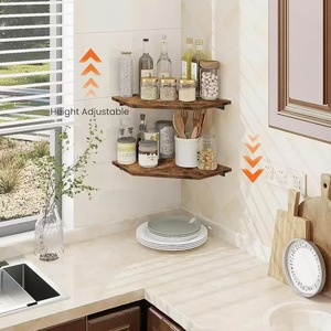 Wooden <b>Wall</b> <b>Mounted</b> <b>Shelf</b> 2 Tier Geometric Solid Wood Storage Rack For Living Room Decorative Organizer - Product Image 3