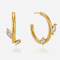 Boucles d'oreilles clous asymétriques en forme de feuille marquise avec zircon cubique, plaqué or 18 carats, en acier inoxydable, forme C, hypoallergéniques, bijoux délicats pour femme