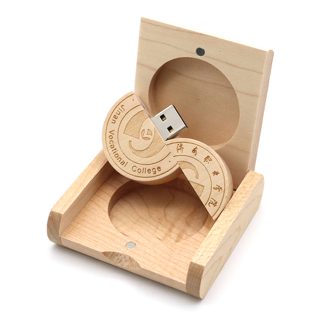 Round Wooden Usb Stick Custom Logo Wood USB With Box 8Gb 16Gb 32Gb Pendrive Cle Usb Memory 64gb 128gb Flash Drive Wooden