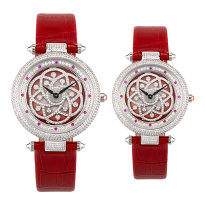 Relojes de Pareja de Acero Inoxidable con Diamantes, Cristal de Zafiro, Resistentes al Agua 30M, Movimiento Ronda, Correa de Cuero Roja - Product Image 1