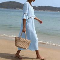 Nouvelle Robe Femme Printemps/Été 2026 Élégante Décontractée en Coton et Lin Tissé à Col Rond et Manches Trois-Quarts Unie avec Broderie