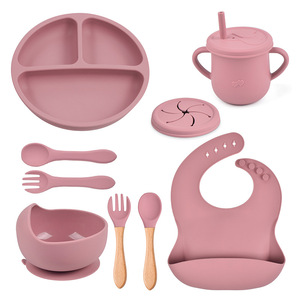 Juego de vajilla para bebé de 9 piezas, plato de silicona con diseño de carita sonriente, babero, tazón, cuchara, tenedor, taza, juego de alimentación de silicona para bebé - Product Image 3