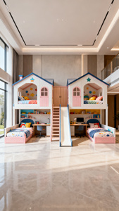 <span class=keywords><strong>Lit</strong></span> cabane style crème pour filles, rose et bleu, en bois, avec toboggan, pour jumelles, bureau sous le <span class=keywords><strong>lit</strong></span> supérieur, personnalisable - Product Image 2