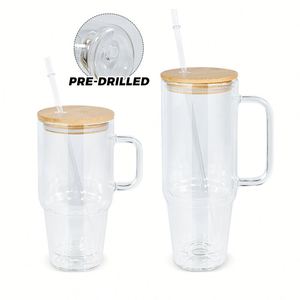 30Oz 40Oz <b>Double</b> <b>Wall</b> Sublimation <b>Glass</b> Tumbler Handle Shape Bottle With Wooden Lid and Straw Summer Drinkware Mason Jar - Product Image 3