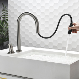 Basin Faucet Single Handle Pull Out <b>Spray</b> Ceramic Valve Deck <b>Mounted</b> Hot Cold Water Sink Tap - Product Image 1