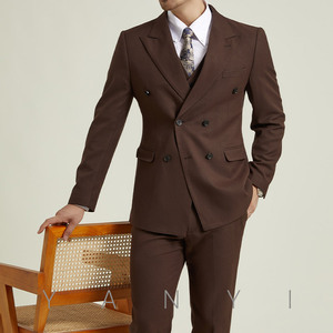 Conjunto de traje de lana barato para hombre, chaqueta de doble botonadura, pantalón frontal plano, trajes de solapa con visera para hombre - Product Image 5