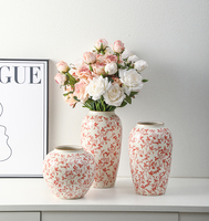 Set Vas Keramik Merah Vintage Lukis Tangan, 3 Buah, Vas Bergaya Chinoiserie Rustic untuk Meja Kopi, Ruang Tamu & Dekorasi Pintu Masuk
