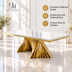 Table de salle à manger haut de gamme en acier inoxydable doré avec plateau blanc et bases à double ventilateur, fournisseur en gros pour banquets de mariage - Product Image 1