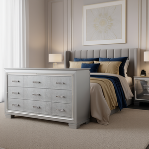 Cómoda Moderna Glamour Plateada de Nueve Cajones con Frentes Texturizados Imitación Piel de Cocodrilo y Cristales Sintéticos, Mueble de Madera para Dormitorio - Product Image 2