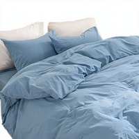 NEXHOME PRO Housse de couette 3 pièces en coton lavé 100% biologique naturel texturé aspect lin, taille Queen, bleu, fermeture éclair