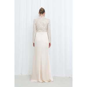 Robe de soirée élégante en satin avec taille drapée, col montant, silhouette fourreau, couleur indigo faite à la main - Product Image 4