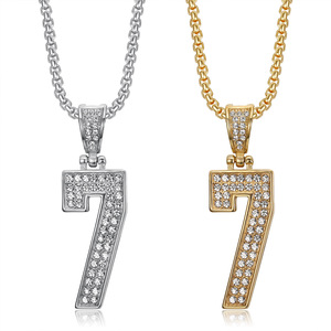 도매 PVD 18K 골드 실버 메탈 컬러 도금 블링 라인 석 힙합 스테인레스 스틸 번호 7 펜던트 목걸이 - Product Image 1