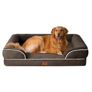factory customized dark brown minimalist plush rectangle orthopedic memory foam large dog bed modern anti stress pet cat bolster
