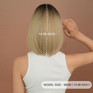 Perruque courte pour <span class=keywords><strong>femme</strong></span>, style européen-américain, avec dentelle frontale, naturelle et lisse, couvrant entièrement la tête, <span class=keywords><strong>dégradé</strong></span> doré, coupe Bobo, longueur aux épaules - Product Image 4