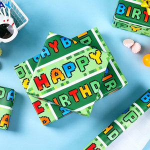Birthday Wrapping <b>Paper</b> <b>Roll</b> Colorful Pixel Style Happy Birthday Gift <b>Wrap</b> <b>Paper</b> with Green Stripe for Kids Boys Girls Birthday - Product Image 1