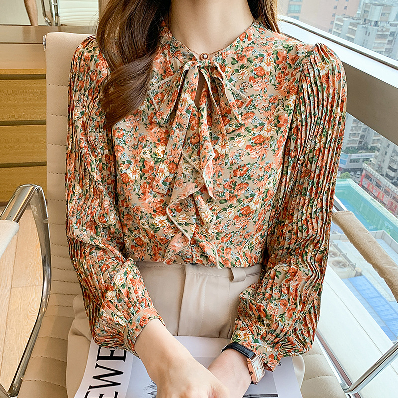 Vintage Floral Chiffon Shirt 2022 Spring/Summer Pleated