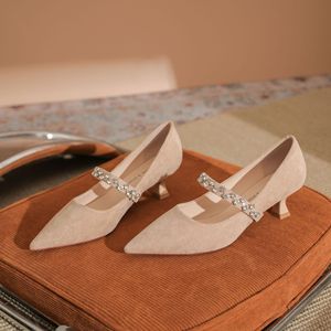 Zapatos de Mujer Mary Jane con Punta en Pico, Tacón Bajo, Correa con Pedrería, Cómodos, Color Beige Sólido, Altura del Tacón de 3cm-5cm - Product Image 1