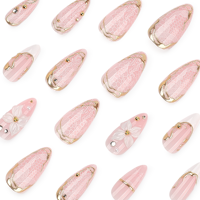 Faux Ongles 3D en Dentelle Florale à Presser, Élégants Blancs Amande, Kit de Manucure pour Mariage et Fête, Faux Ongles Dorés avec Fil, 4488