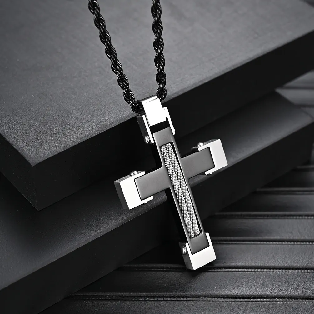 Italian Design Jewelry Male Stainless Steel Chain Necklace Inspired Religious Twisted Wires Inlay Jesus Cross Pendant Necklace