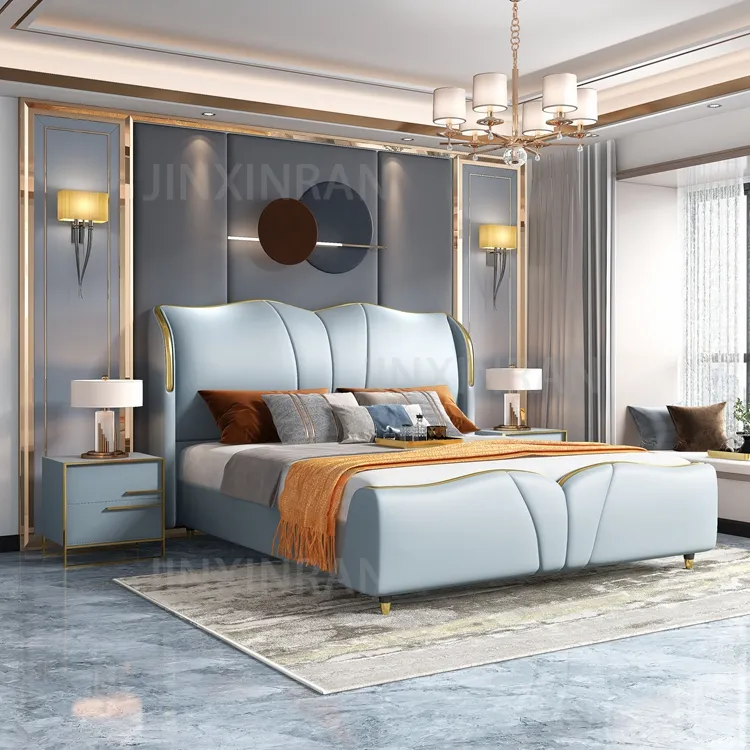 Moderne Blauwe Lederen Bed Ontwerpen King Size Ruimtebesparend Lederen Bedden Luxe Metalen Moderne Meubels Bed