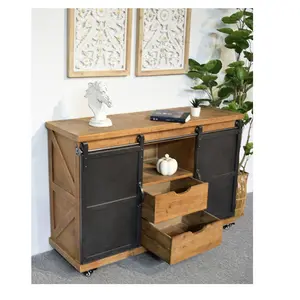 Farmhouse Accent Cabinet Solid Wood Universal TV Media Stand Living Room Storage Cabinet with Sliding Barn Door