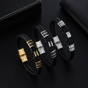 Bracelet pour homme en acier inoxydable 316l personnalisé, gravé, plaqué or 14k 18k, bracelet en cuir tressé multi-couches tendance pour homme - Product Image 2