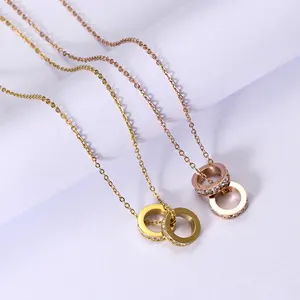 New Fashion Damen Edelstahl Schmuck Halskette Roségold Goldene Kette Doppel kreis Anhänger Zirkon Schlüsselbein Halskette Geschenk