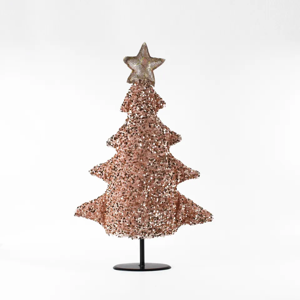 Decoración de árbol de lentejuelas, árbol de Navidad con estrella en la parte superior, Fondo de Metal, Color rosa, Decoración de mesa de árbol de pie