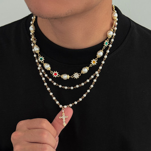Ensemble de colliers pendentifs croix style Hip Hop en alliage, avec zircon et perles, pour homme, idéal pour mariage ou soirée - Product Image 3