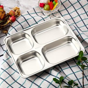 Bebek çocuk yetişkinler servis tabağı dikdörtgen 4 bölüm yemek tabakları paslanmaz çelik Bento yemek kabı bölünmüş yiyecek tepsisi - Product Image 5